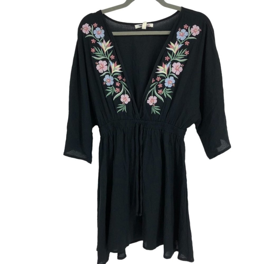 NWT Miken Swim Black Beach Bathing Suit Cover-Up Tunic w/ Floral Embroidery M